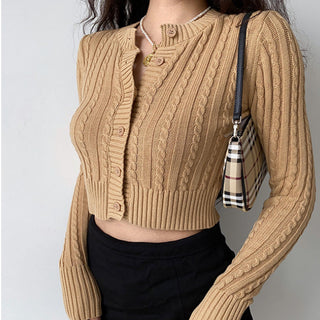 Retro round neck knitted cardigan