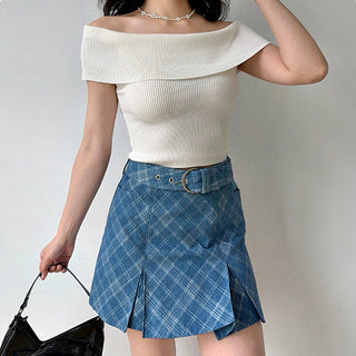 One-shoulder elastic knit sweater