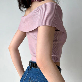 One-shoulder elastic knit sweater