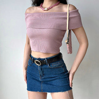 One-shoulder elastic knit sweater