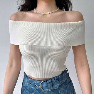 One-shoulder elastic knit sweater