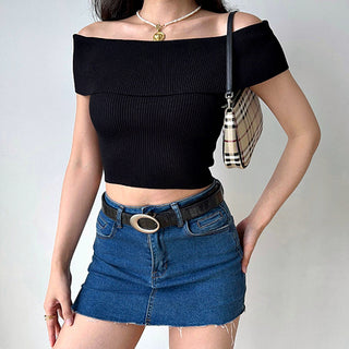 One-shoulder elastic knit sweater
