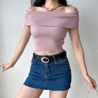 One-shoulder elastic knit sweater