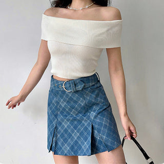 One-shoulder elastic knit sweater