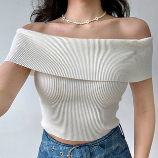 One-shoulder elastic knit sweater