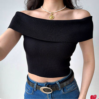 One-shoulder elastic knit sweater