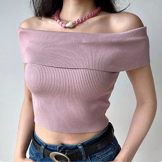 One-shoulder elastic knit sweater
