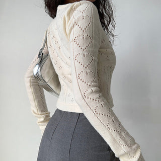 Hollow square collar knitted cardigan