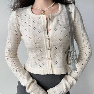 Hollow square collar knitted cardigan