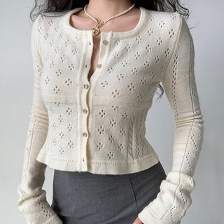 Hollow square collar knitted cardigan