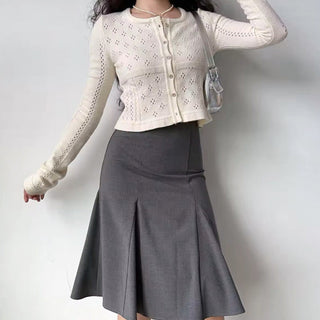 Hollow square collar knitted cardigan