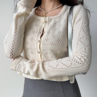 Hollow square collar knitted cardigan
