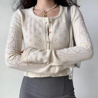 Hollow square collar knitted cardigan