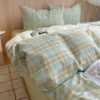 Pastel Green Plaid Cotton Duvet Cover Set