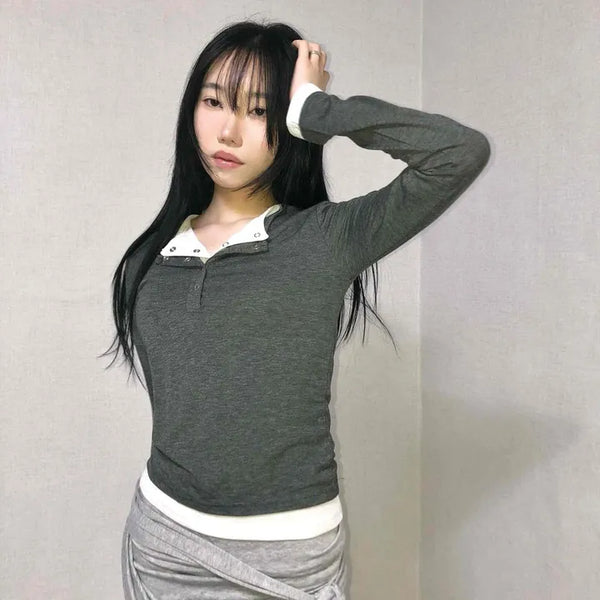 Layered Snap Button Slim Fit Cropped Long Sleeve Tee