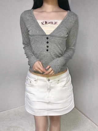 Classic Ribbed Snap Button Crop Long Sleeve T-shirt