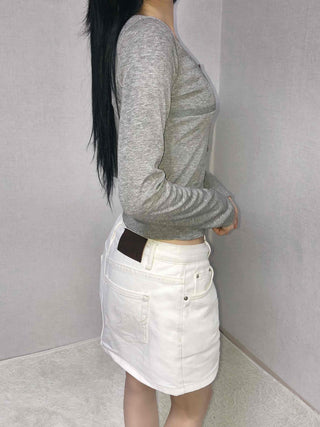 Classic Ribbed Snap Button Crop Long Sleeve T-shirt