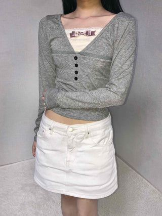 Classic Ribbed Snap Button Crop Long Sleeve T-shirt