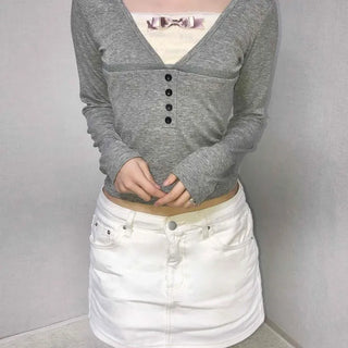 Classic Ribbed Snap Button Crop Long Sleeve T-shirt