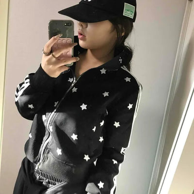 All-Over Star Contrast Trimmed Short Zip-Up