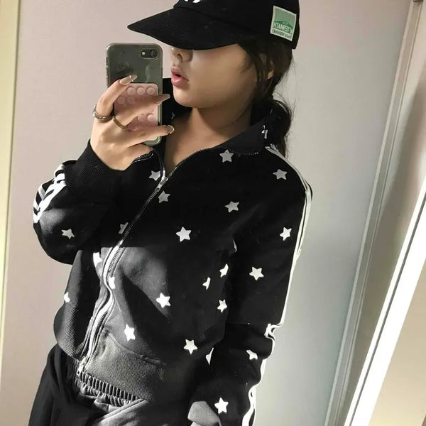 All-Over Star Contrast Trimmed Short Zip-Up