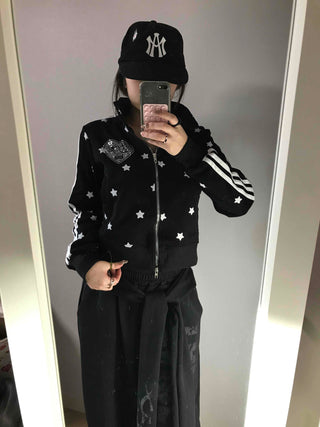 All-Over Star Contrast Trimmed Short Zip-Up