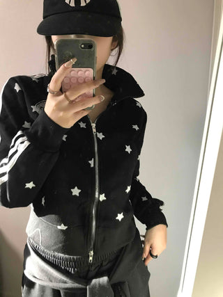 All-Over Star Contrast Trimmed Short Zip-Up