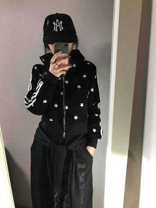 All-Over Star Contrast Trimmed Short Zip-Up
