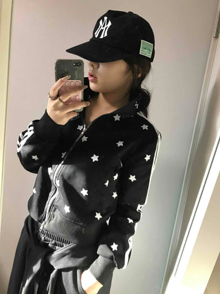 All-Over Star Contrast Trimmed Short Zip-Up