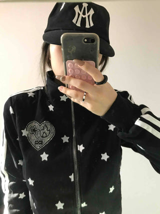 All-Over Star Contrast Trimmed Short Zip-Up