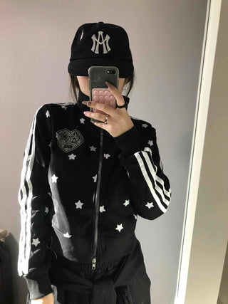 All-Over Star Contrast Trimmed Short Zip-Up