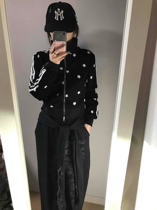All-Over Star Contrast Trimmed Short Zip-Up