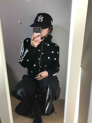 All-Over Star Contrast Trimmed Short Zip-Up