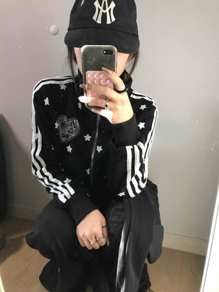 All-Over Star Contrast Trimmed Short Zip-Up