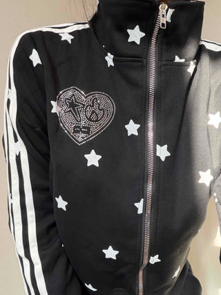 All-Over Star Contrast Trimmed Short Zip-Up