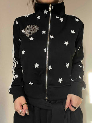 All-Over Star Contrast Trimmed Short Zip-Up