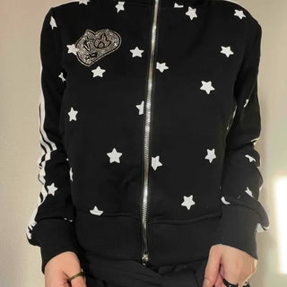 All-Over Star Contrast Trimmed Short Zip-Up