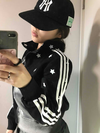 All-Over Star Contrast Trimmed Short Zip-Up