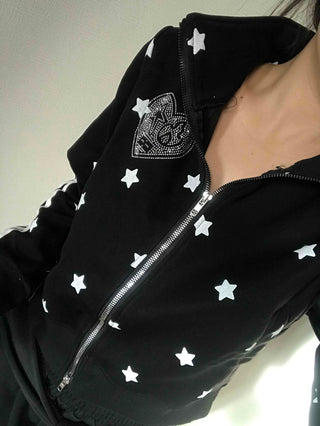 All-Over Star Contrast Trimmed Short Zip-Up