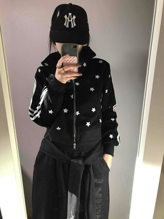 All-Over Star Contrast Trimmed Short Zip-Up
