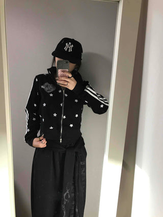 All-Over Star Contrast Trimmed Short Zip-Up