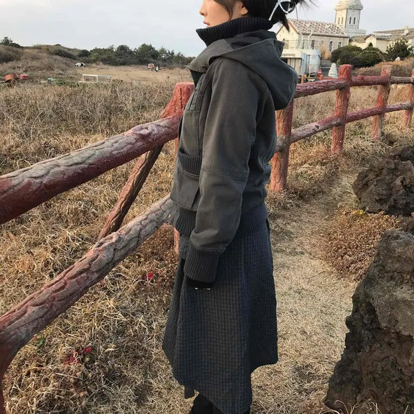 Slim-fit turtleneck knit mix long jacket