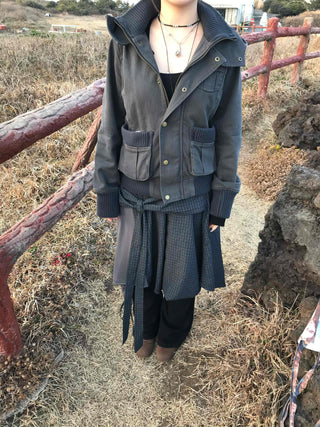 Slim-fit turtleneck knit mix long jacket