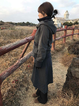 Slim-fit turtleneck knit mix long jacket