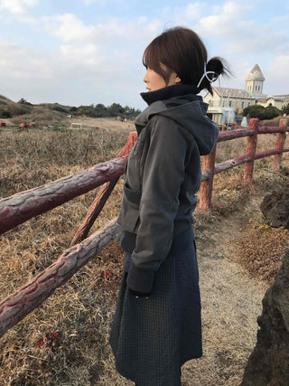 Slim-fit turtleneck knit mix long jacket
