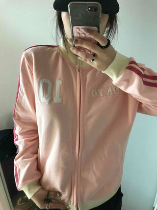 Sporty color-blocked diagonal line zip-up