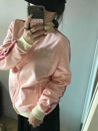 Sporty color-blocked diagonal line zip-up