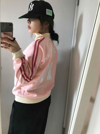 Sporty color-blocked diagonal line zip-up