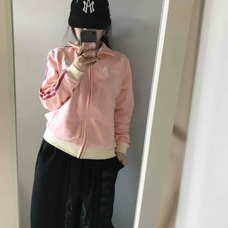 Sporty color-blocked diagonal line zip-up