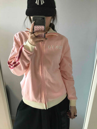 Sporty color-blocked diagonal line zip-up